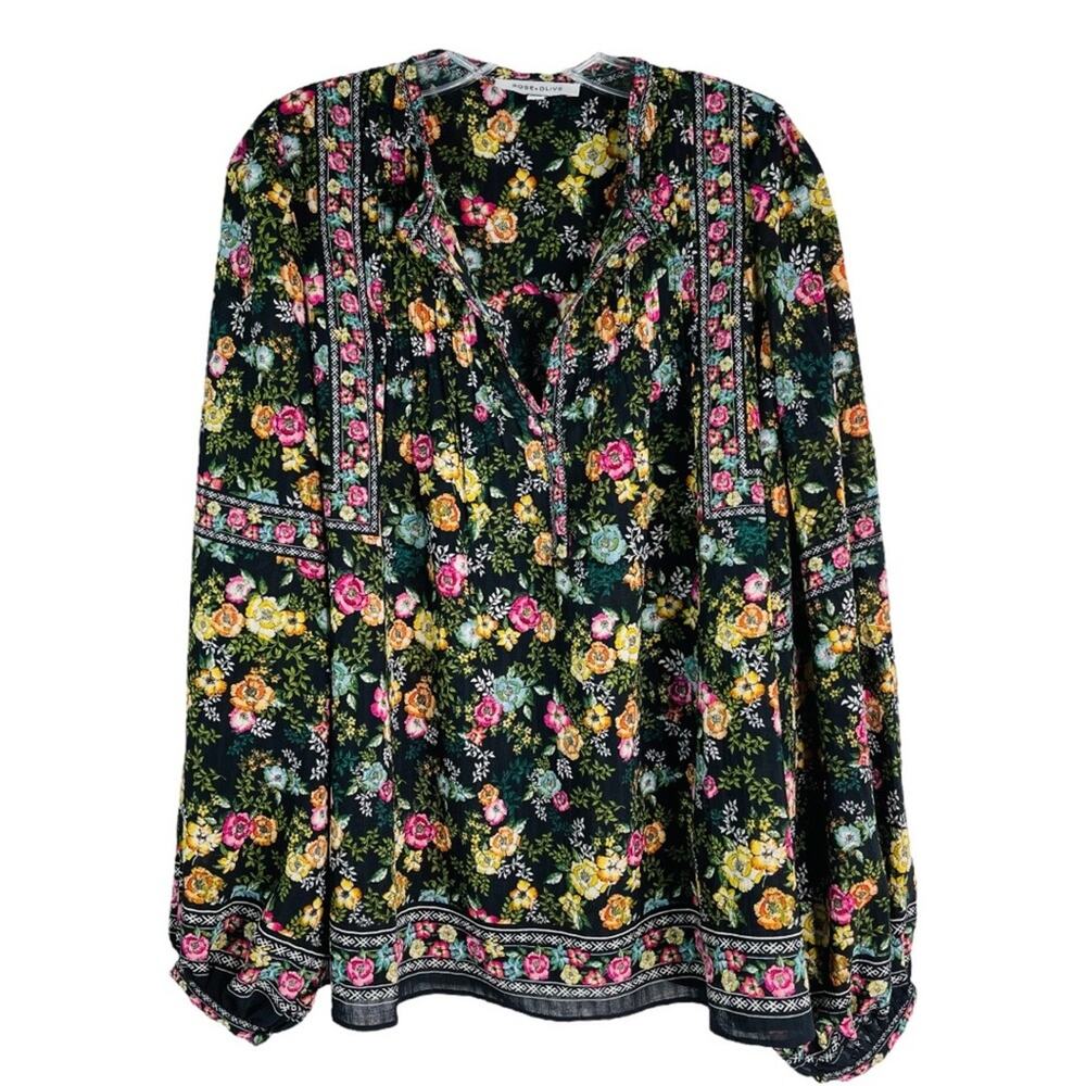 Rose & Olive black yellow pink floral boho popover pleated top large
